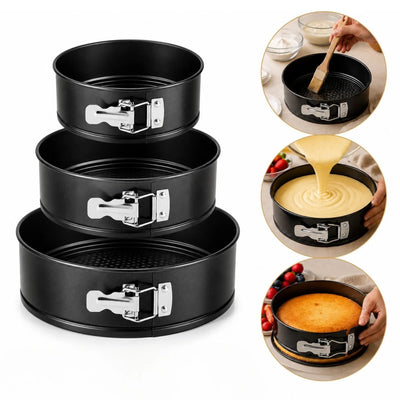 Forme Rotunde pentru Copt 3/set, 24cm, 26cm și 28cm, cu Bază Detașabilă, Închidere Rapidă și Strat Antiaderent, Negre Engros