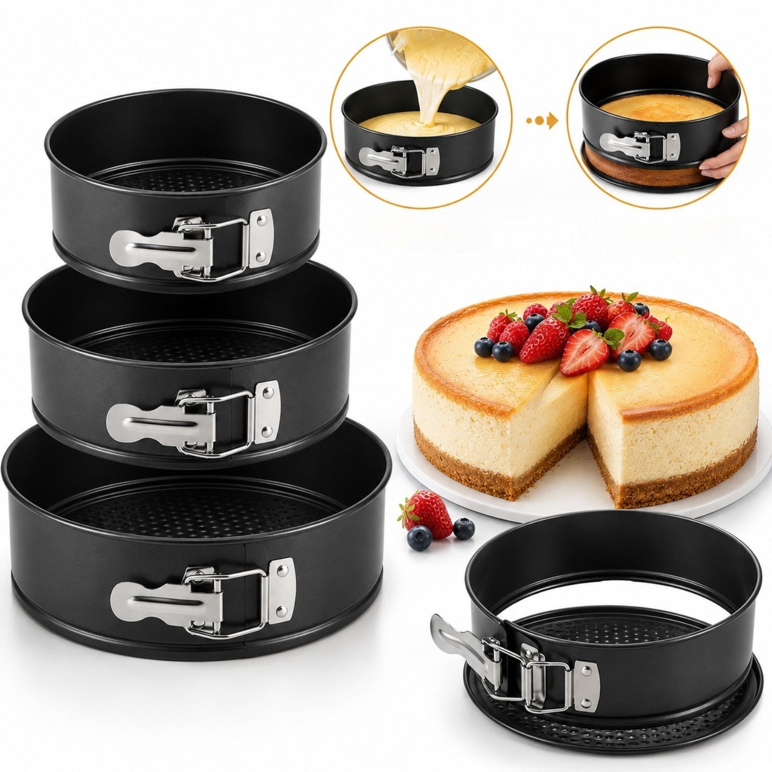 Forme Rotunde pentru Copt 3/set, 24cm, 26cm și 28cm, cu Bază Detașabilă, Închidere Rapidă și Strat Antiaderent, Negre Engros