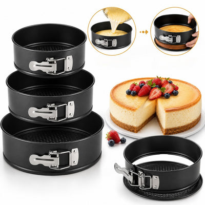 Forme Rotunde pentru Copt 3/set, 24cm, 26cm și 28cm, cu Bază Detașabilă, Închidere Rapidă și Strat Antiaderent, Negre Engros