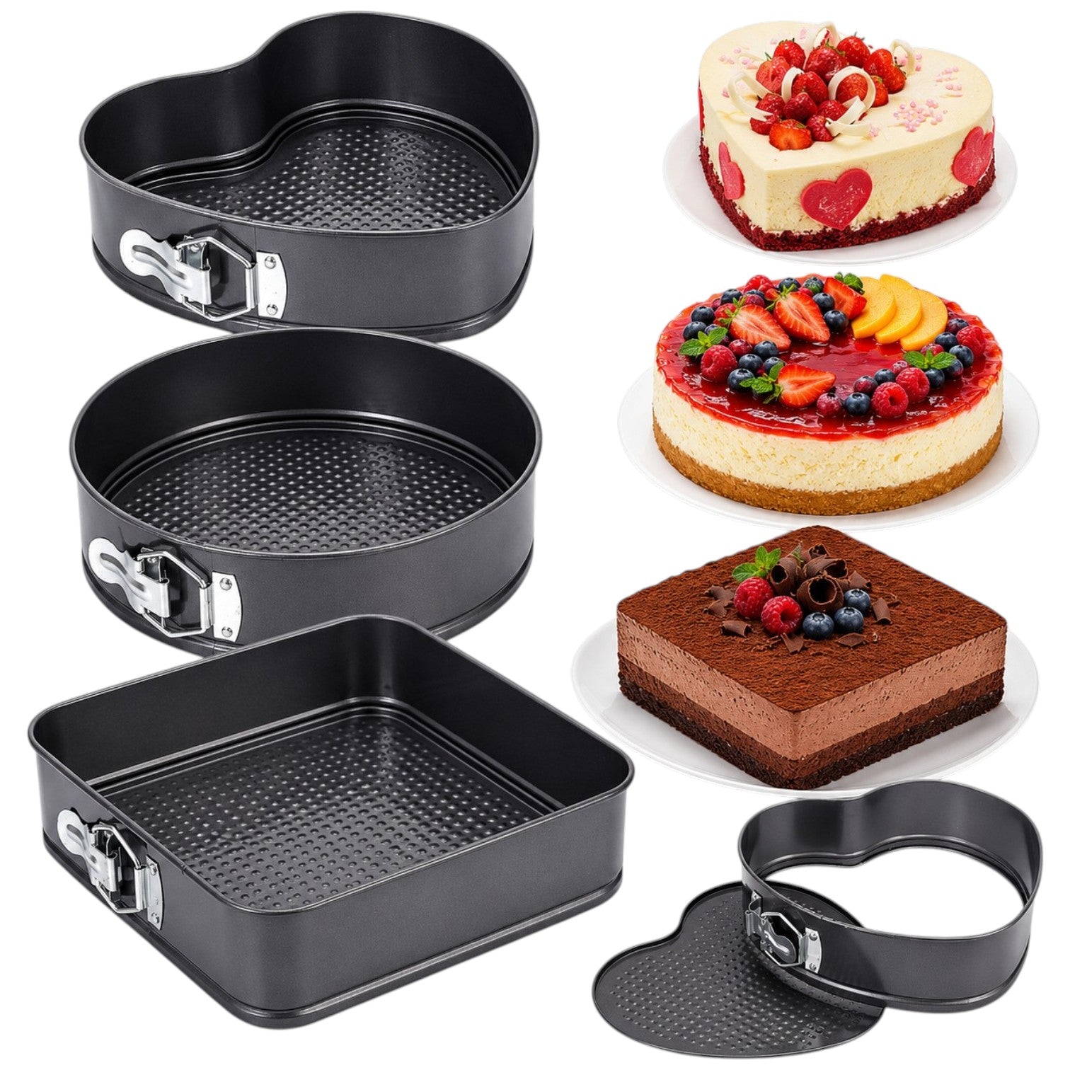 Forme pentru Copt 3/set, cu Bază Detașabilă 21cm, 25cm și 26cm, Închidere Rapidă și Strat Antiaderent, Negre Engros