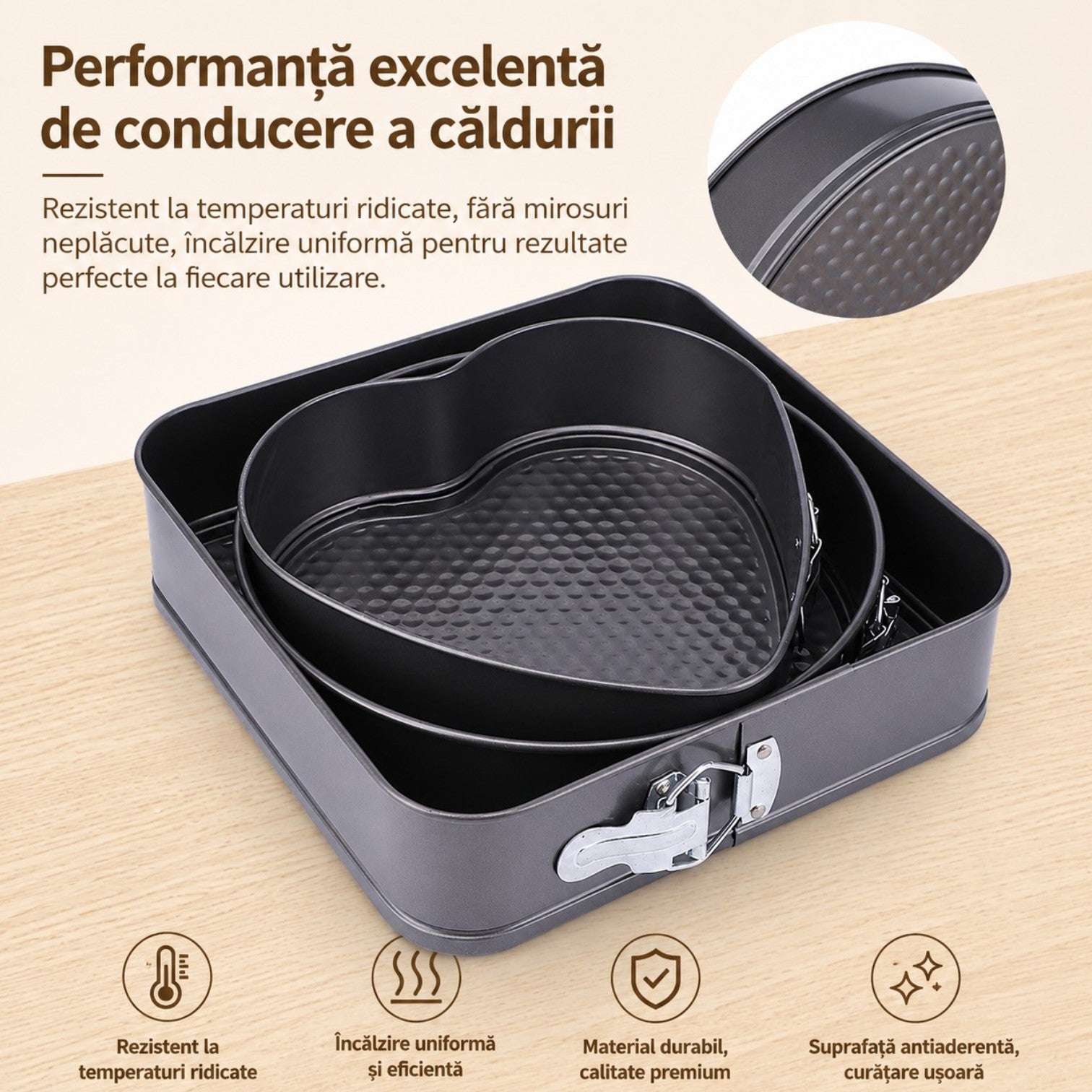 Forme pentru Copt 3/set, cu Bază Detașabilă 21cm, 25cm și 26cm, Închidere Rapidă și Strat Antiaderent, Negre Engros