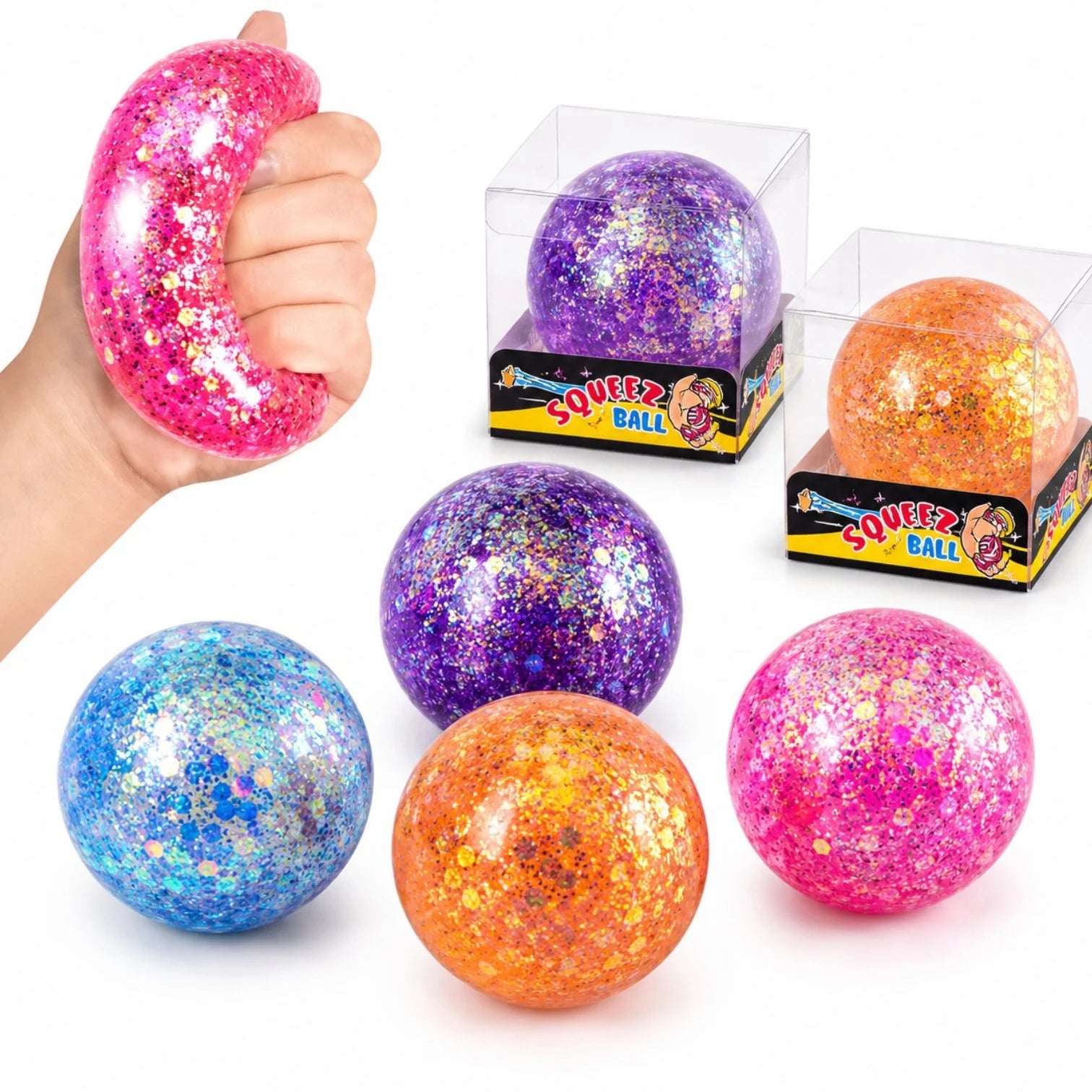 Minge Squishy cu Glitter 6cm, Squeeze Ball Anti-Stres, Diferite Culori Engros