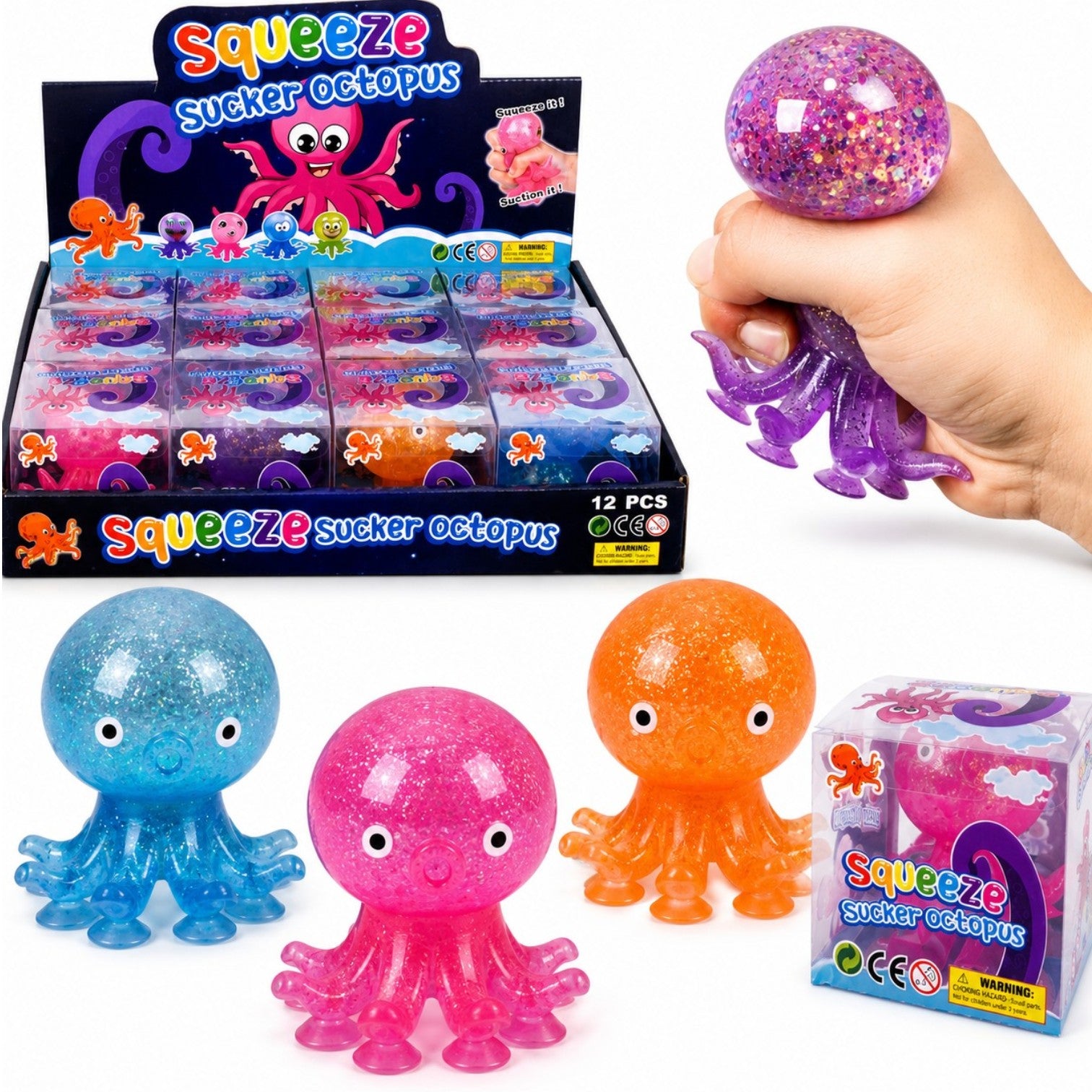 Jucarie Squishy Caracatiță cu Glitter, 12/set cu Ventuze 7.5cm Anti-Stres, Diferite Culori Engros