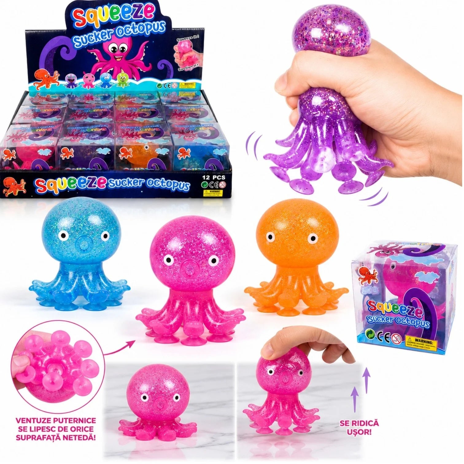 Jucarie Squishy Caracatiță cu Glitter, 12/set cu Ventuze 7.5cm Anti-Stres, Diferite Culori Engros