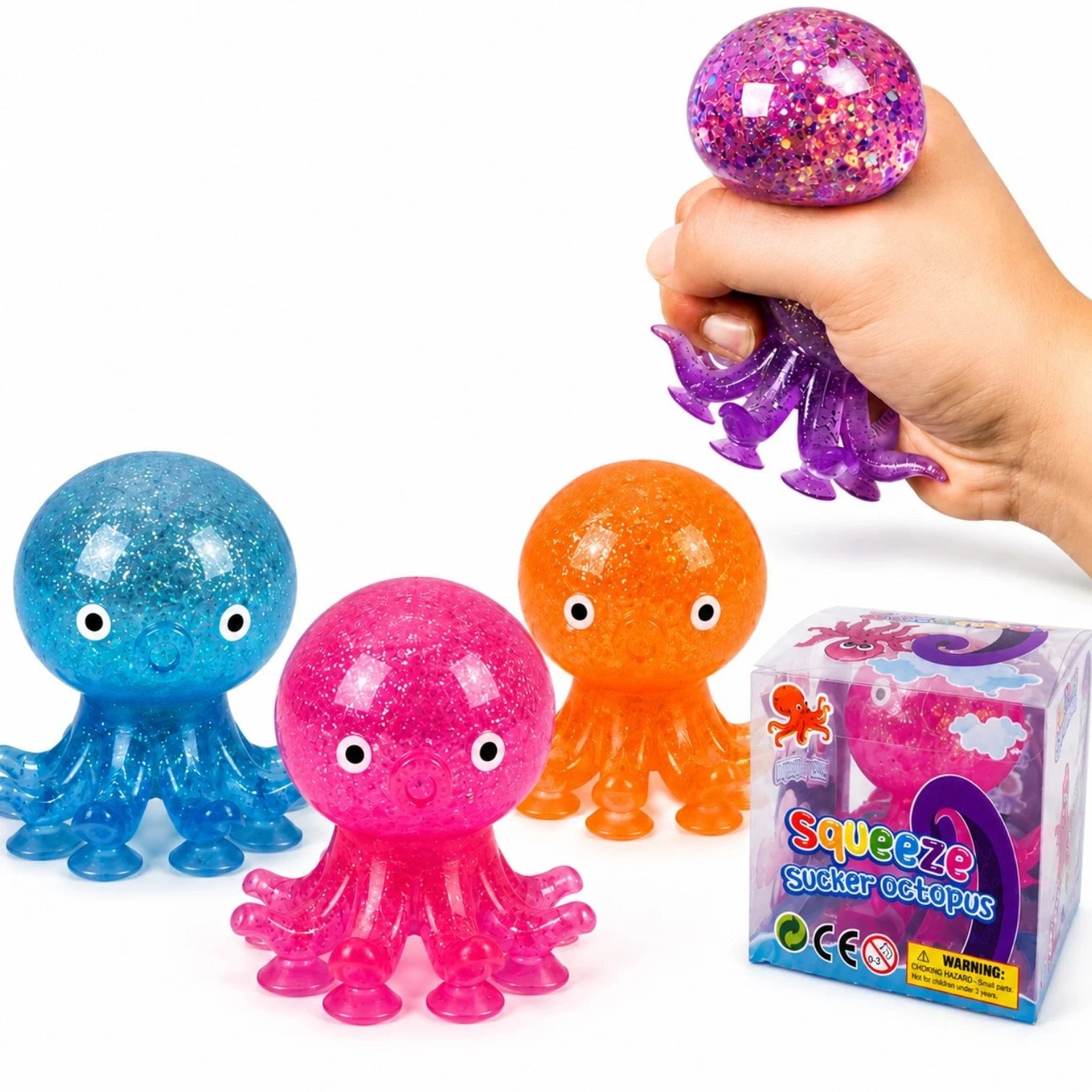 Jucarie Squishy Caracatiță cu Glitter, 7.5cm, cu Ventuze, Anti-Stres, Diferite Culori Engros