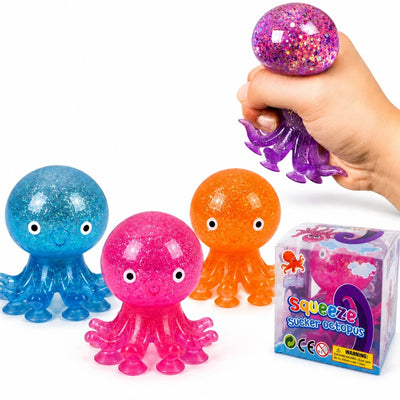 Jucarie Squishy Caracatiță cu Glitter, 7.5cm, cu Ventuze, Anti-Stres, Diferite Culori Engros