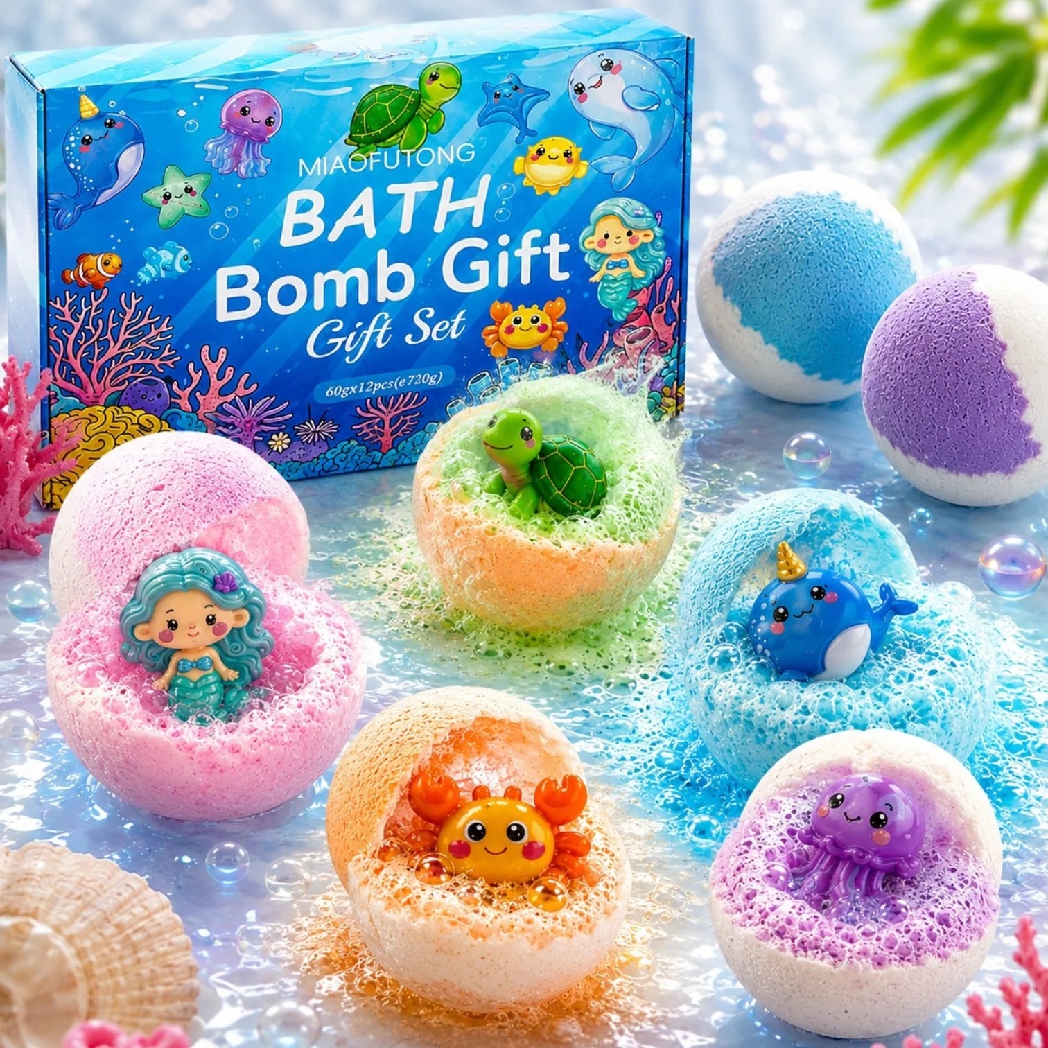 Bombe de Baie 12/set cu Surprize Marine, Efervescente și Parfumate, 60g/Buc, Figurine Ascunse în Interior 5cm, Diferite Arome Engros