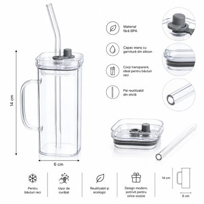 Pahar cu Pai din Sticlă14x6cm, Cana cu Capac cu Garnitură Etanșă din Silicon și Mâner Engros