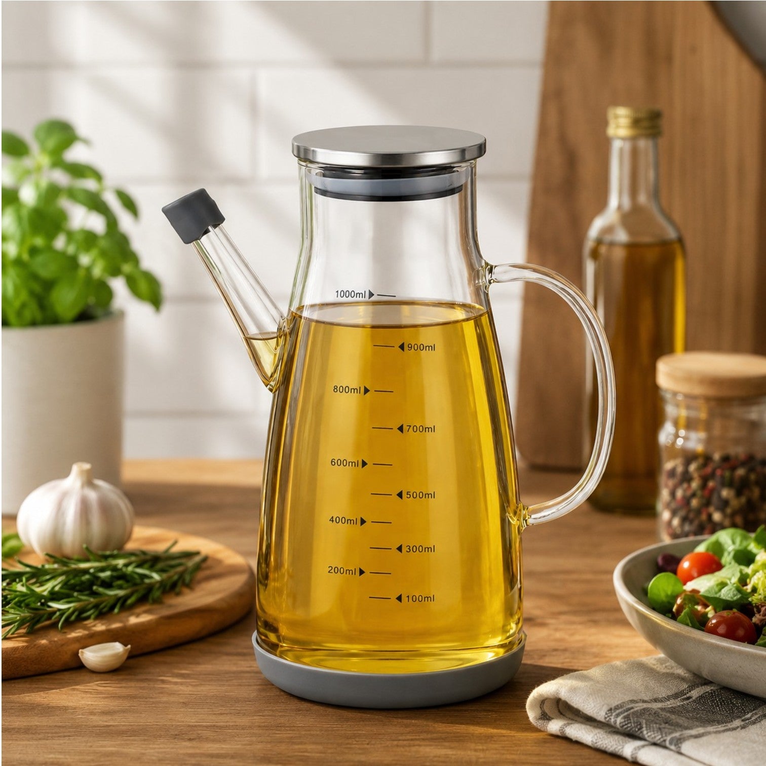 Dispenser Multifuncțional din Sticlă 1000ml, cu Capac din Oțel Inoxidabil 21x10cm, Garnitură Etanșă din Silicon Engros
