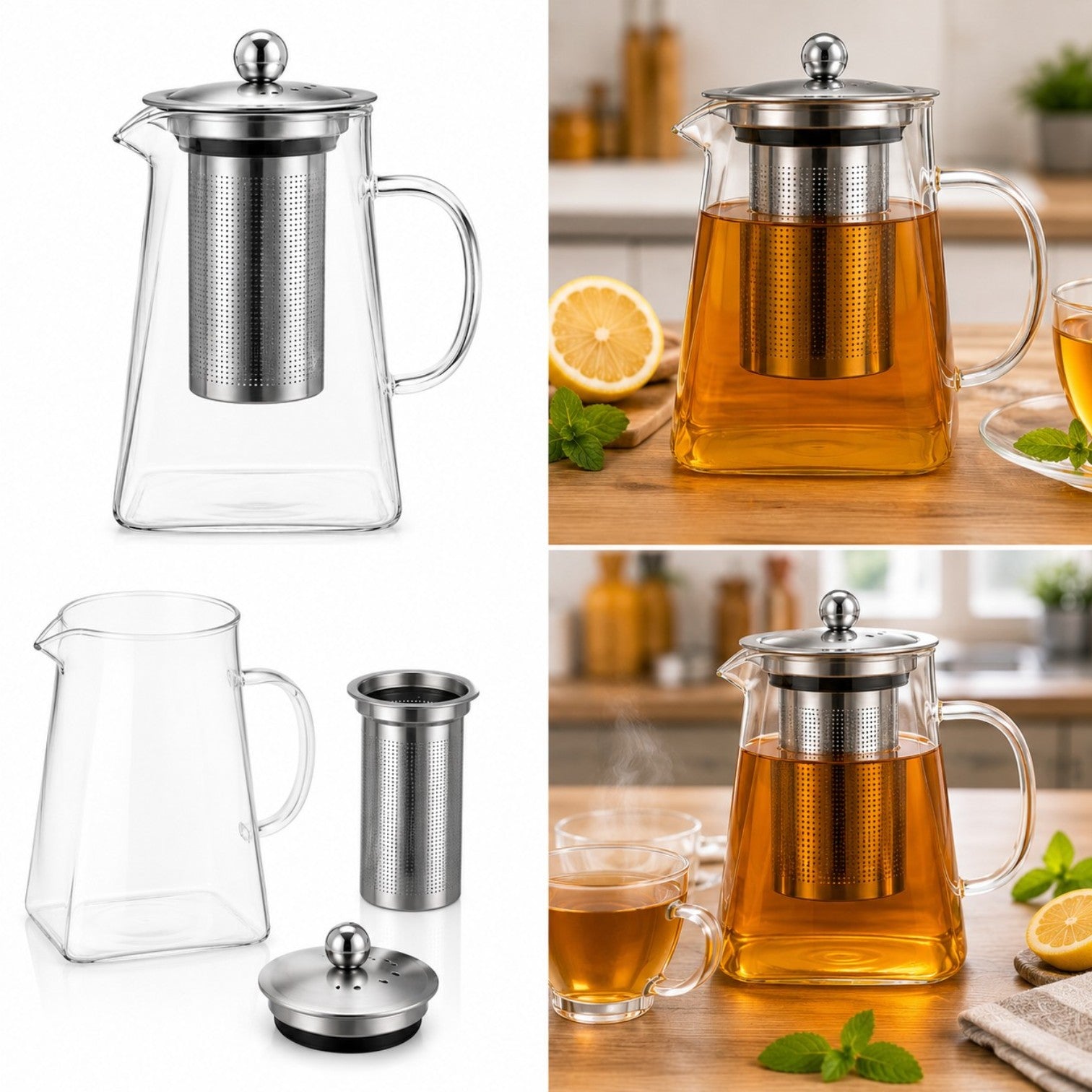 Ceainic din Sticlă 13x10x6cm, cu Infuzor și Capac din Oțel Inoxidabil Engros