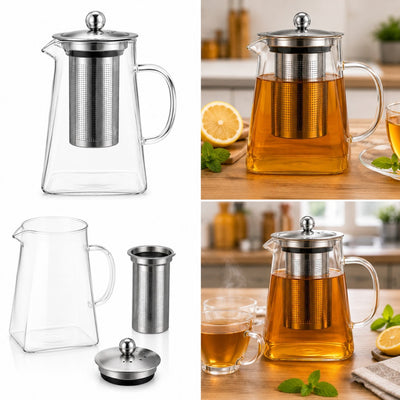 Ceainic din Sticlă 13x10x6cm, cu Infuzor și Capac din Oțel Inoxidabil Engros