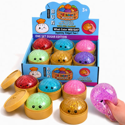 Jucărie Squishy Dumpling Rainbow 12/set, în Cutie Plastic 10cm, Antistres, Model Glitter, Diferite Culori Engros