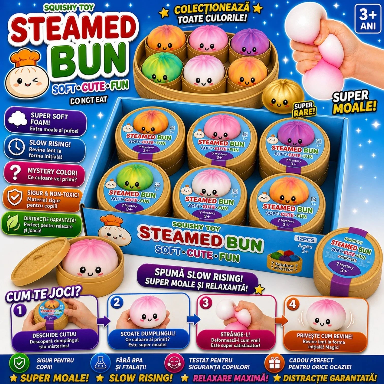 Jucarie Squishy Dumpling 12/set, în Cutie Plastic 10cm, Antistres, Slow Rising, Elastică și Moale, Diferite Culori Engros