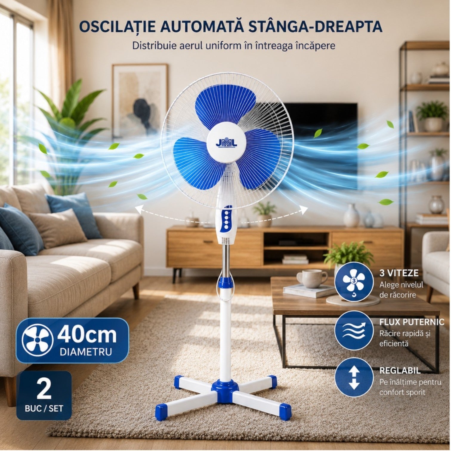 Ventilator Electric cu Picior, 2/set Reglabil pe Înălțime, cu Oscilație Automată 40cm, 3 Viteze Engros