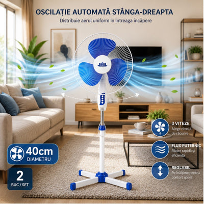 Ventilator Electric cu Picior, 2/set Reglabil pe Înălțime, cu Oscilație Automată 40cm, 3 Viteze Engros