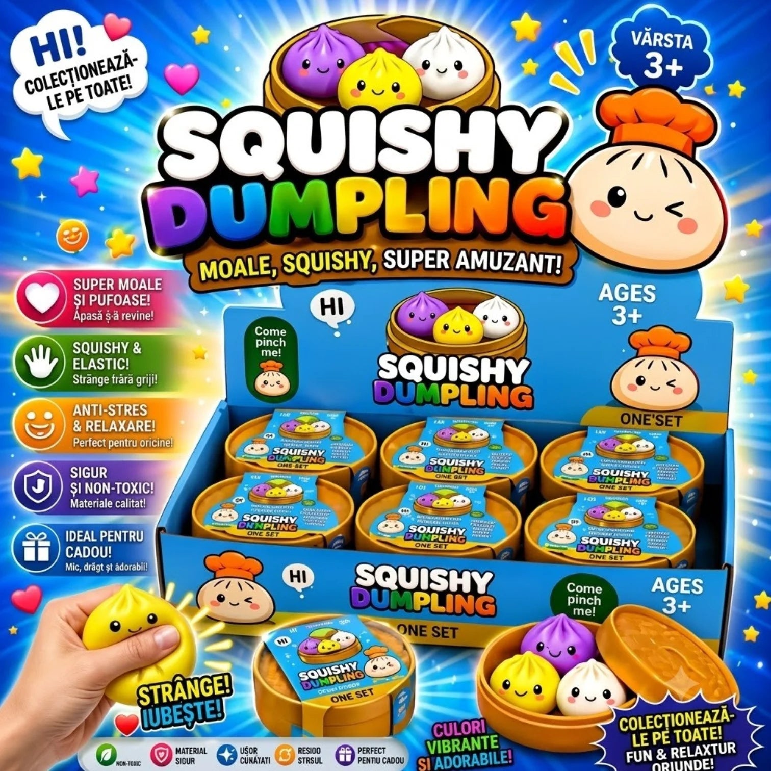 Jucărie Squishy Dumpling 6cm, 3 Buc/Cutie, Antistres, Diferite Culori Engros