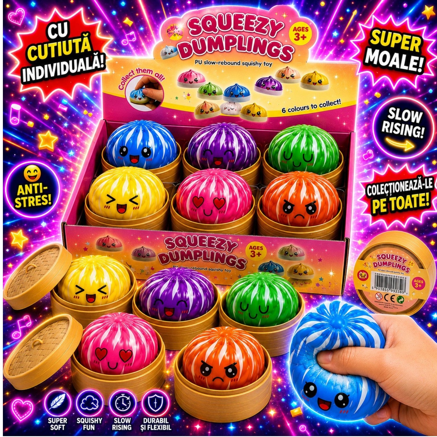 Jucărie Squishy Dumpling, în Cutie Plastic, 9cm, Antistres, Model Colorat cu Dungi Albe Engros