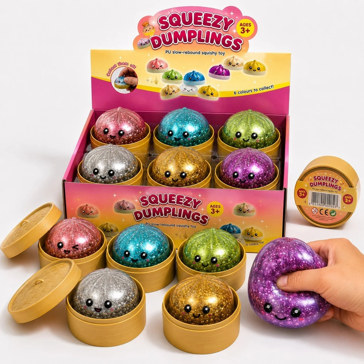 Jucărie Squishy Dumpling 10cm, cu Biluțe și Glitter Metalizat, 12/set Antistres, Diferite Culori Engros