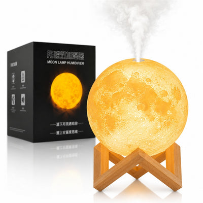 Lampa LED Luna 3D, cu Umidificator și Difuzor Aromaterapie 15cm, 3 Moduri de Iluminare, USB, Suport din Lemn Engros