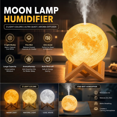 Lampa LED Luna 3D, cu Umidificator și Difuzor Aromaterapie 15cm, 3 Moduri de Iluminare, USB, Suport din Lemn Engros