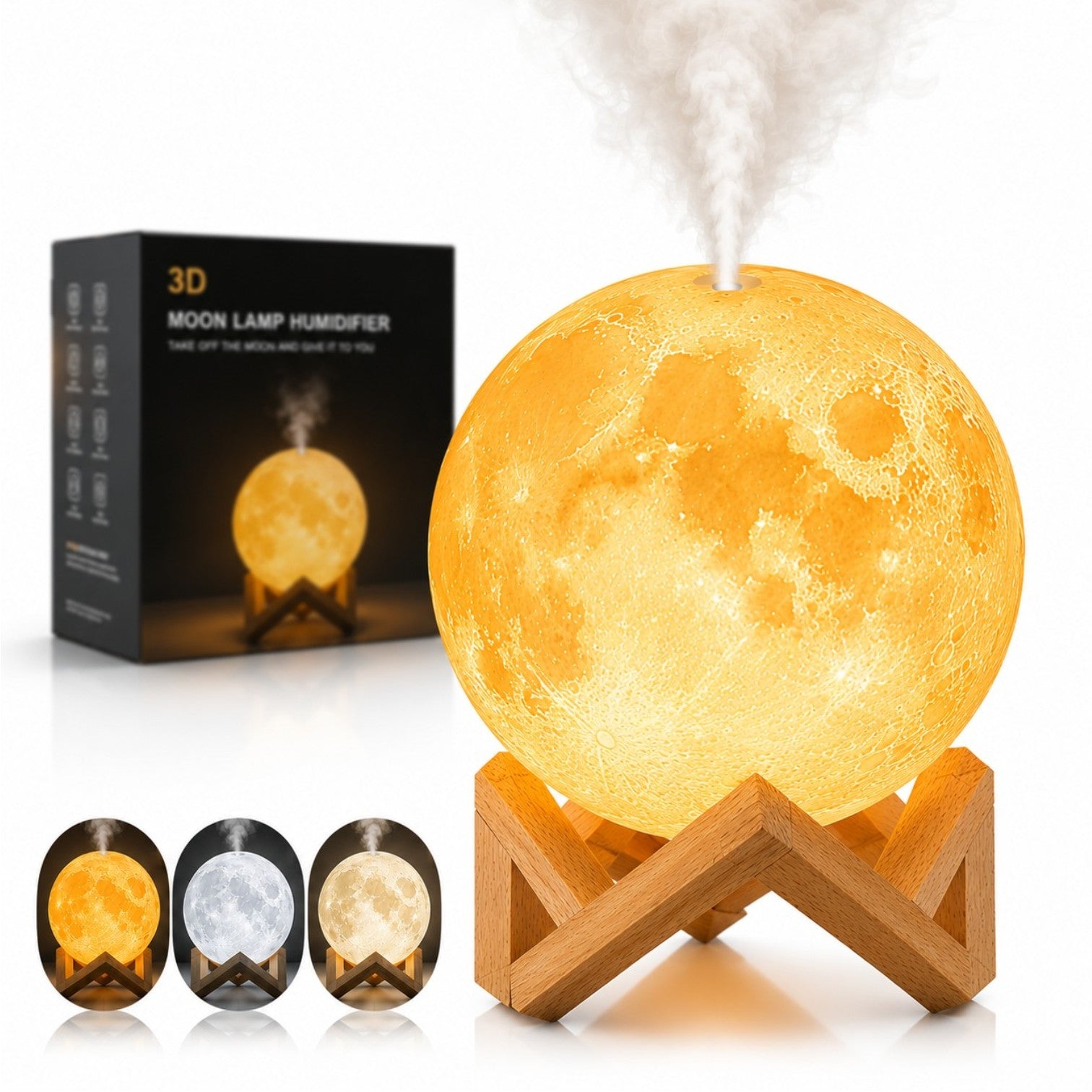 Lampa LED Luna 3D, cu Umidificator și Difuzor Aromaterapie 15cm, 3 Moduri de Iluminare, USB, Suport din Lemn Engros