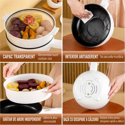 Tigaie Electrică Multifuncțională 26 cm, cu Tavă pentru Gătire la Abur, Strat Ceramic Antiaderent, Capac din Sticlă, Afișaj Digital și Control al Temperaturii Engros