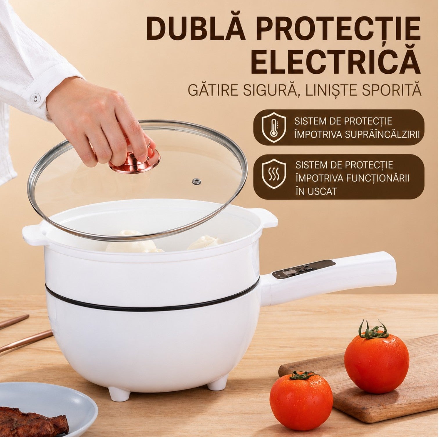 Tigaie Electrică Multifuncțională 26 cm, cu Tavă pentru Gătire la Abur, Strat Ceramic Antiaderent, Capac din Sticlă, Afișaj Digital și Control al Temperaturii Engros