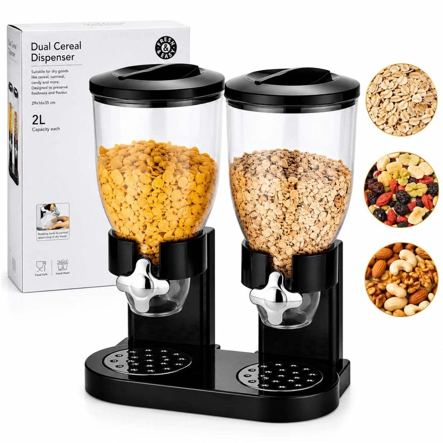 Dispenser Dublu 2L pentru Cereale, 35×19cm, cu Dozare prin Rotație și Capace Engros