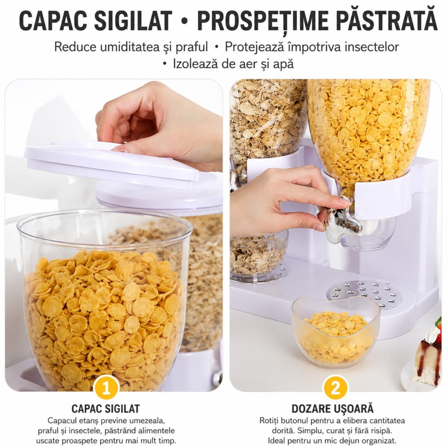 Dispenser Dublu 2L pentru Cereale, 35×19cm, cu Dozare prin Rotație și Capace Engros