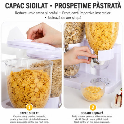 Dispenser Dublu 2L pentru Cereale, 35×19cm, cu Dozare prin Rotație și Capace Engros