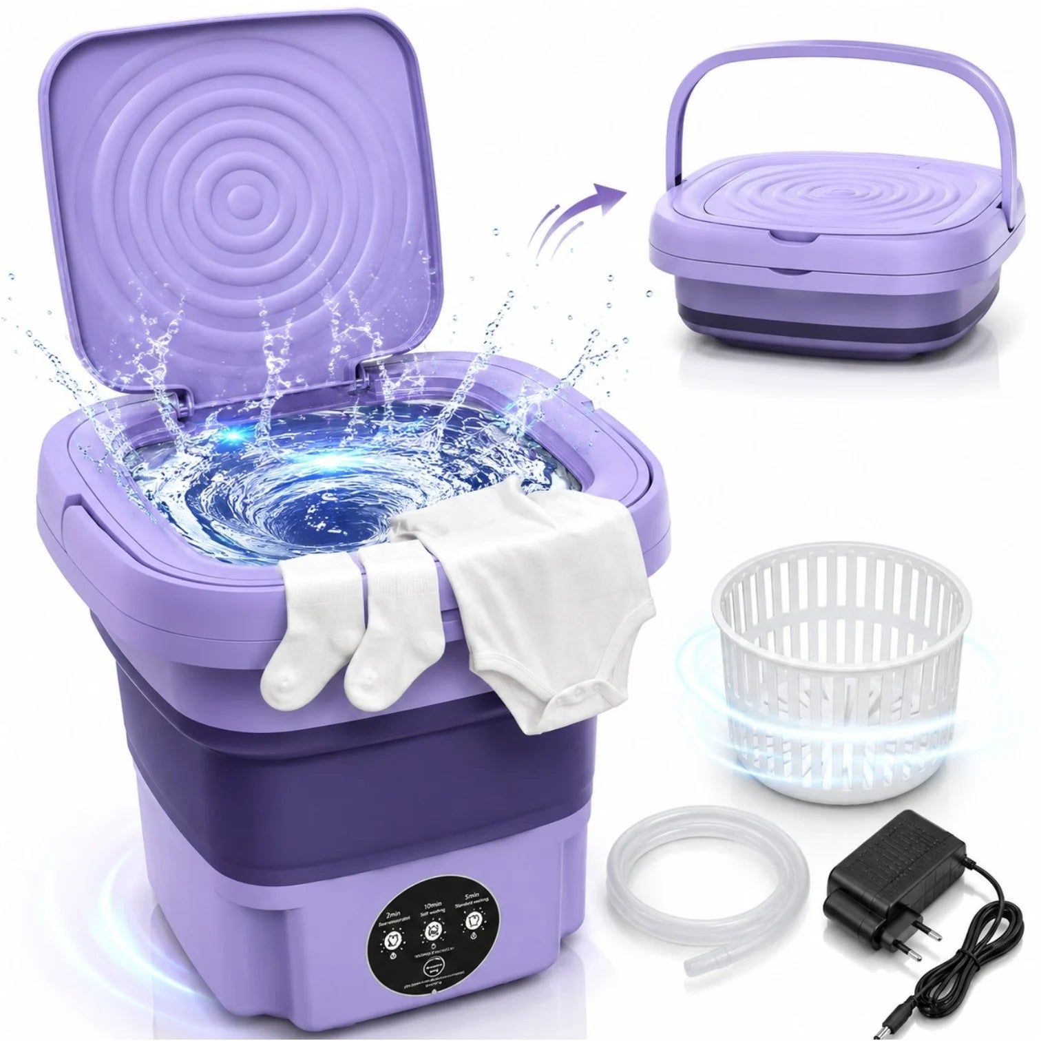 Mini Masina de Spalat Electrică Pliabilă 27×27×20cm, cu Panou de Comandă Tactil, Centrifugare, 11L si Alimentare 12V, pentru Haine Engros