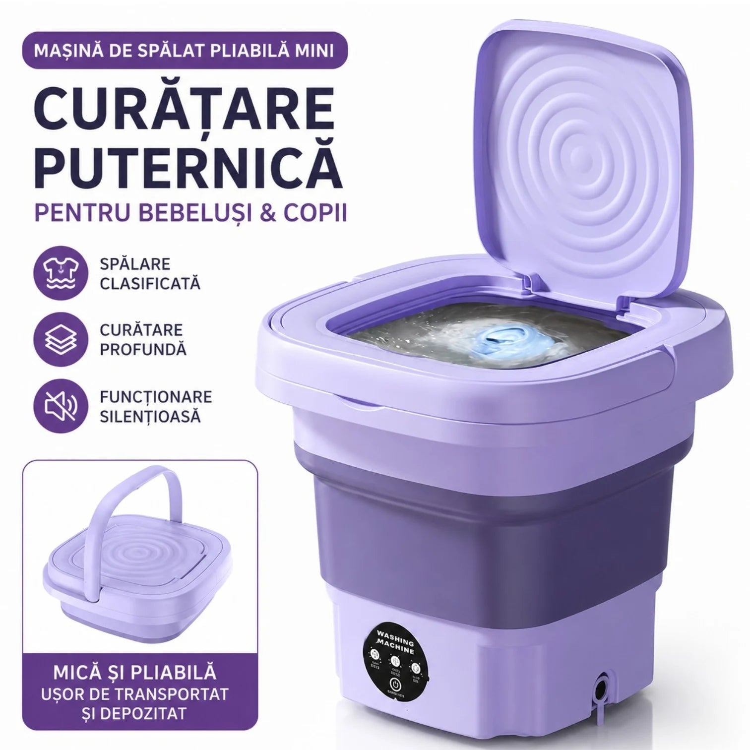 Mini Masina de Spalat Electrică Pliabilă 27×27×20cm, cu Panou de Comandă Tactil, Centrifugare, 11L si Alimentare 12V, pentru Haine Engros