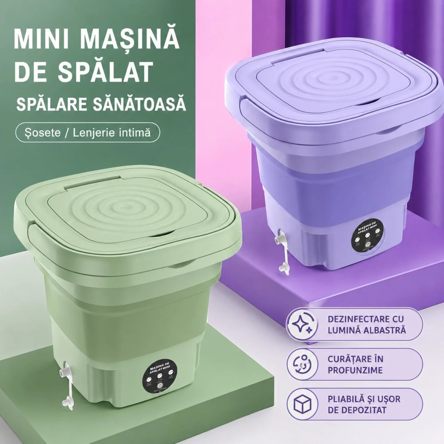 Mini Masina de Spalat Electrică Pliabilă 27×27×20cm, cu Panou de Comandă Tactil, Centrifugare, 11L si Alimentare 12V, pentru Haine Engros