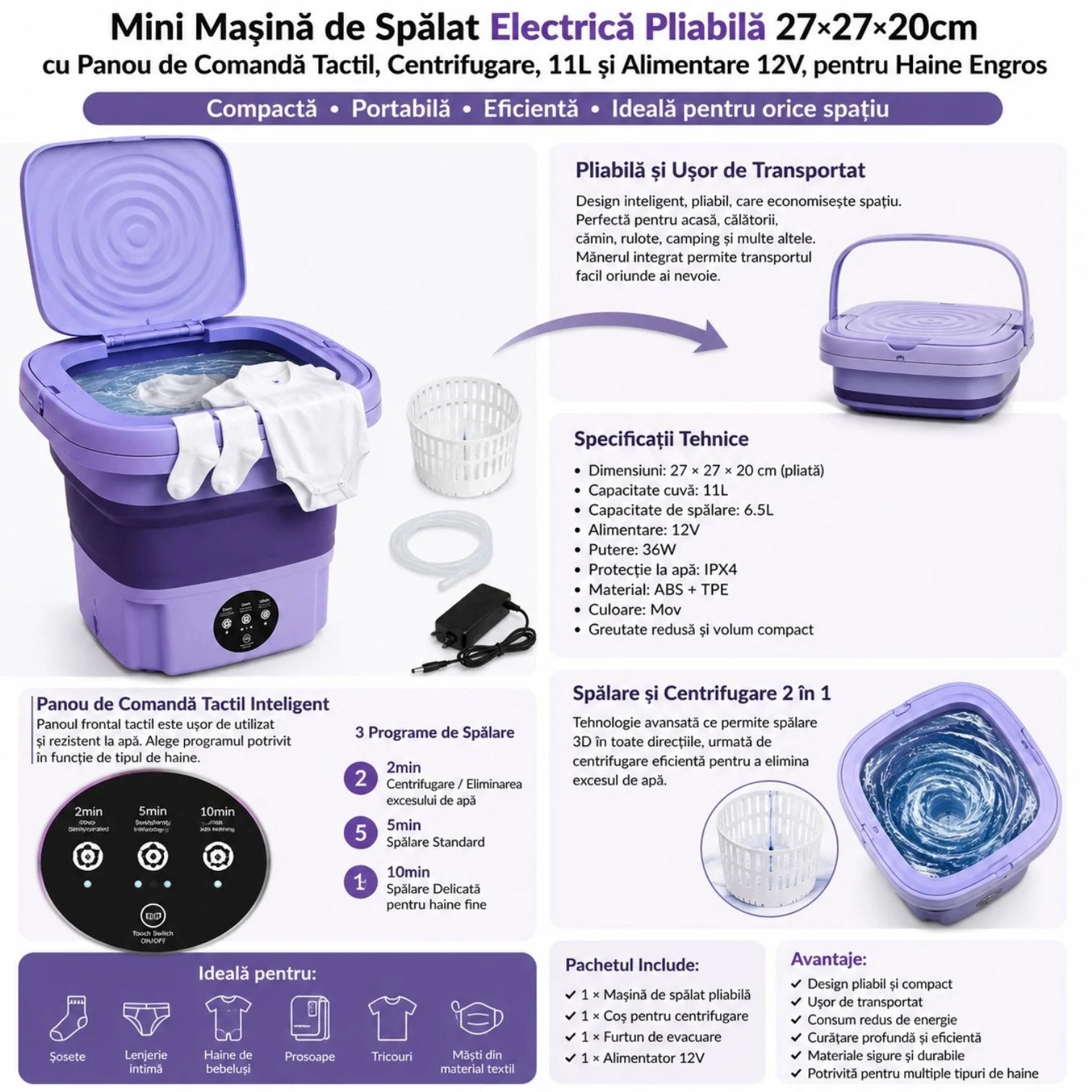 Mini Masina de Spalat Electrică Pliabilă 27×27×20cm, cu Panou de Comandă Tactil, Centrifugare, 11L si Alimentare 12V, pentru Haine Engros