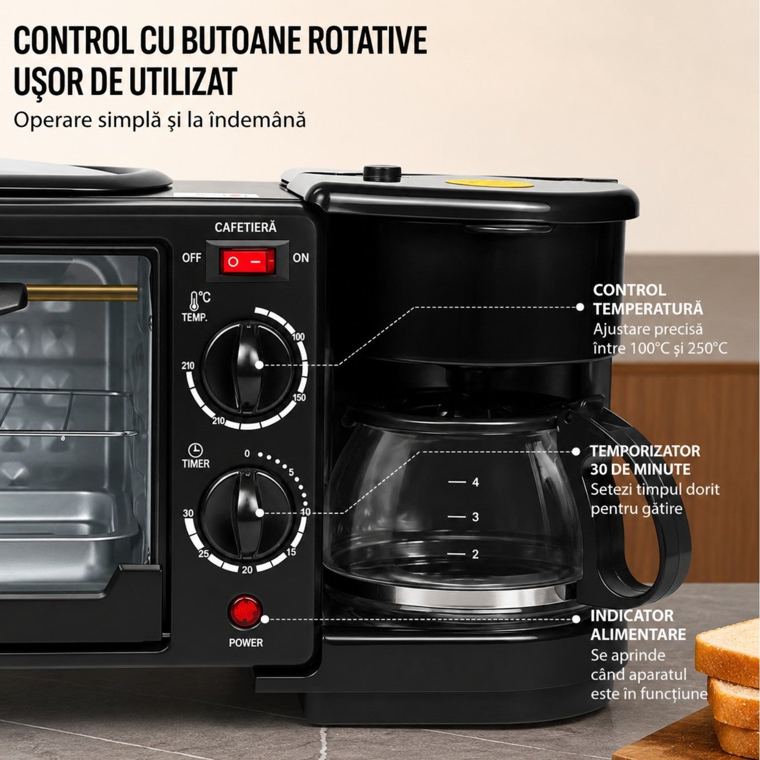 Aparat Multifuncțional 3 în 1 pentru Mic Dejun, 46.7x 28x21cm, Cuptor Electric 9L, Cafetieră 500ml și Plită Superioară, 2800W, SC-206 Engros
