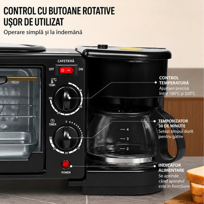 Aparat Multifuncțional 3 în 1 pentru Mic Dejun, 46.7x 28x21cm, Cuptor Electric 9L, Cafetieră 500ml și Plită Superioară, 2800W, SC-206 Engros