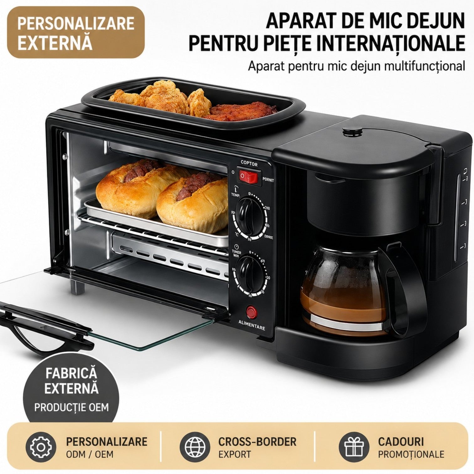 Aparat Multifuncțional 3 în 1 pentru Mic Dejun, 46.7x 28x21cm, Cuptor Electric 9L, Cafetieră 500ml și Plită Superioară, 2800W, SC-206 Engros