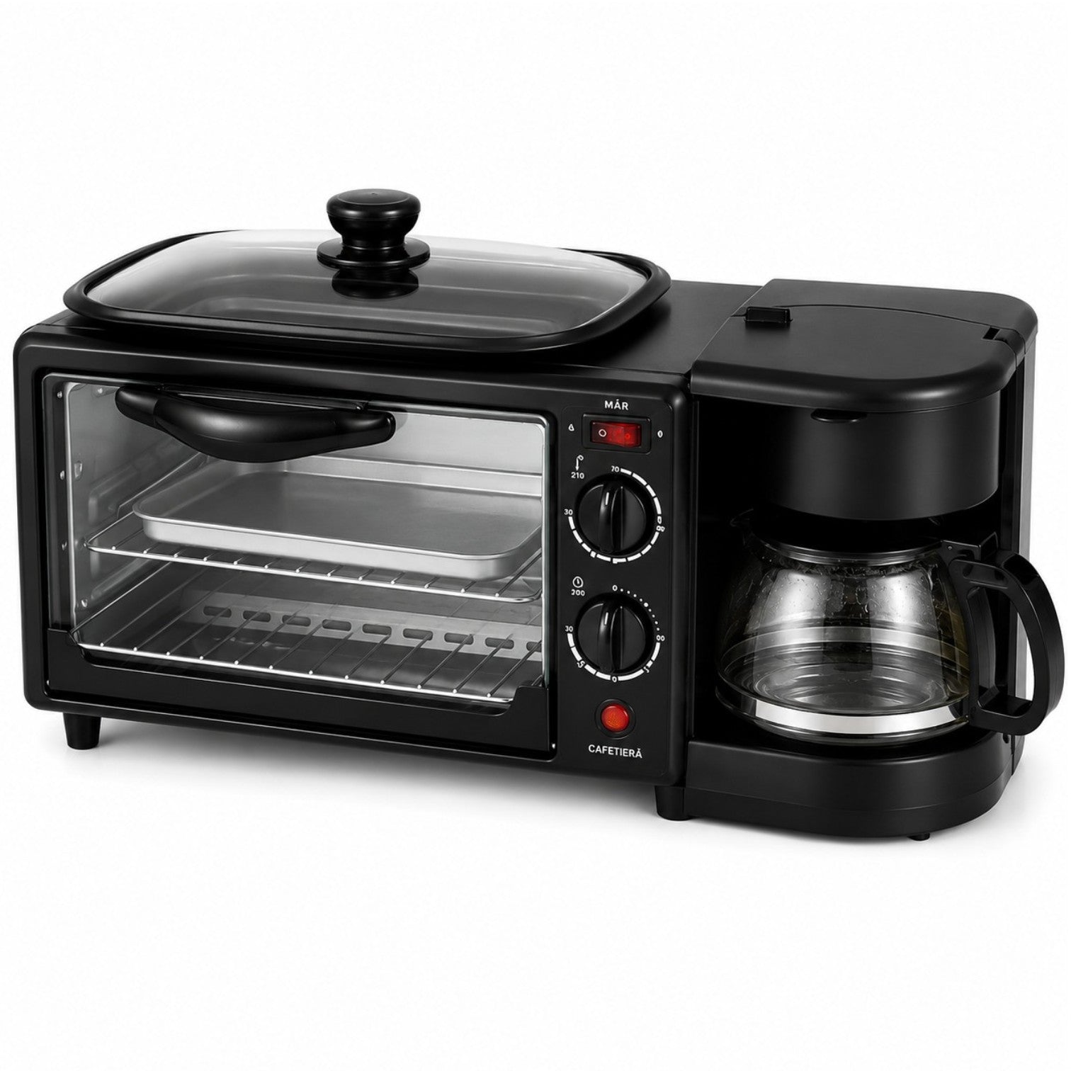 Aparat Multifuncțional 3 în 1 pentru Mic Dejun, 46.7x 28x21cm, Cuptor Electric 9L, Cafetieră 500ml și Plită Superioară, 2800W, SC-206 Engros