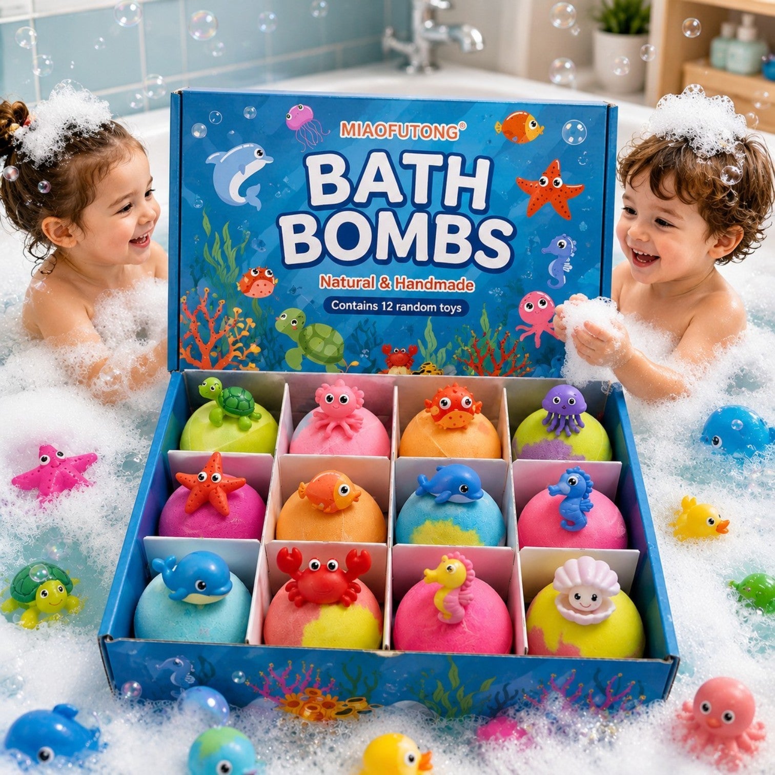 Bombe de Baie 12/set cu Surprize Marine, Efervescente și Parfumate, 100g/Buc, Figurine Ascunse în Interior 6cm, Diferite Arome Engros