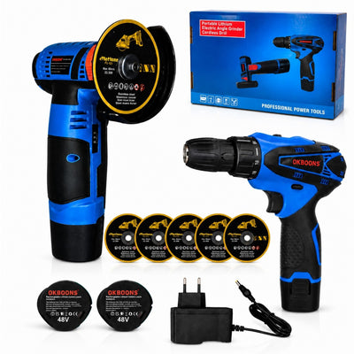 Flex Unghiular și Bormașină cu Acumulator 48V, 2 Baterii, 5 Discuri, Încărcător, OKBOONS Engros