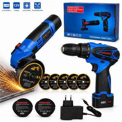 Flex Unghiular și Bormașină cu Acumulator 48V, 2 Baterii, 5 Discuri, Încărcător, OKBOONS Engros