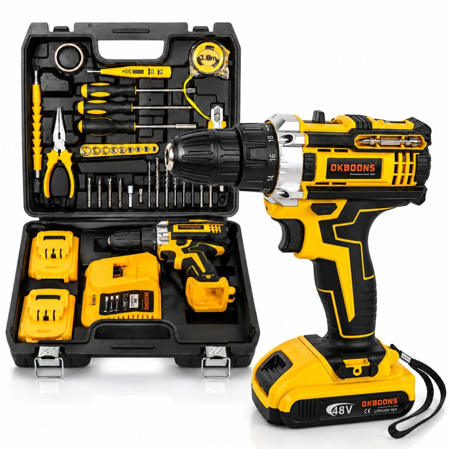 Bormașină cu Acumulator 48V OKBOONS, Set Complet 36 Piese, 2 Acumulatori, Încărcător și Valiză de Transport Engros