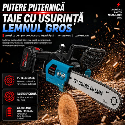 Drujba Electrica cu Acumulator 65cm, Lamă 12, 48V, 2 Acumulatori, Încărcător, Cheie și Cutie de Transport Engros