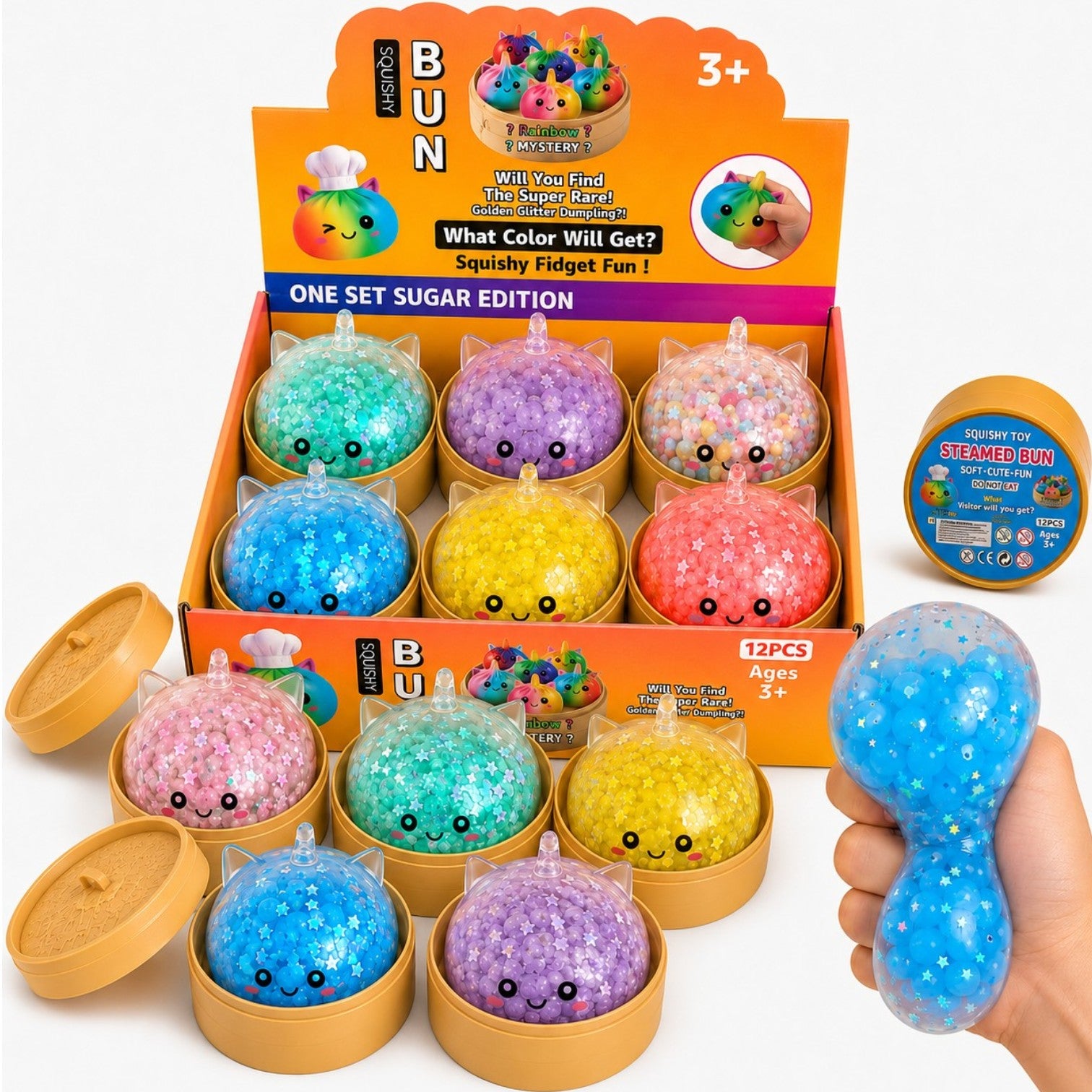 Jucarie Squishy Dumpling 12/Set, Model Unicorn cu Paiete Sclipitoare și Bile Mari în Interior 10 cm, în Cutie din Plastic, Antistres, Super Moale și Elastică, Diferite Culori, Engros