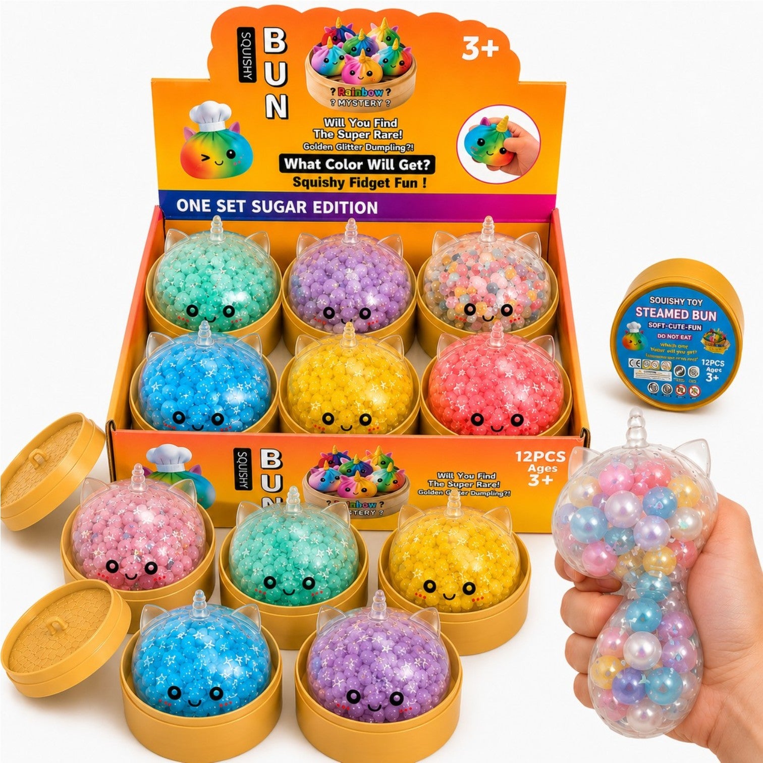 Jucarie Squishy Dumpling 12/set, Unicorn cu Bile Mari în Interior 10cm, în Cutie Plastic, Antistres, Super Moale și Elastică, Diferite Culori Engros