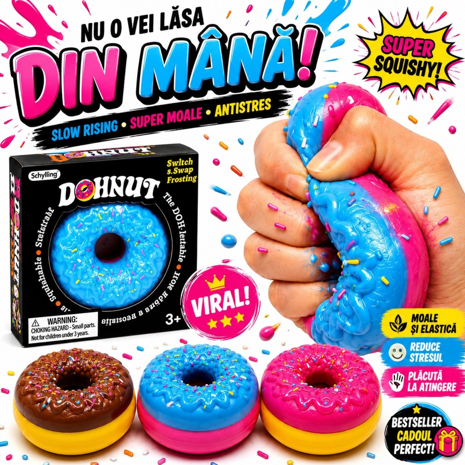 Jucărie Squishy Gogoașă 7cm, Antistres, Slow Rising, Moale și Elastică cu Glazură, Model Donut, Diferite Culori Engros