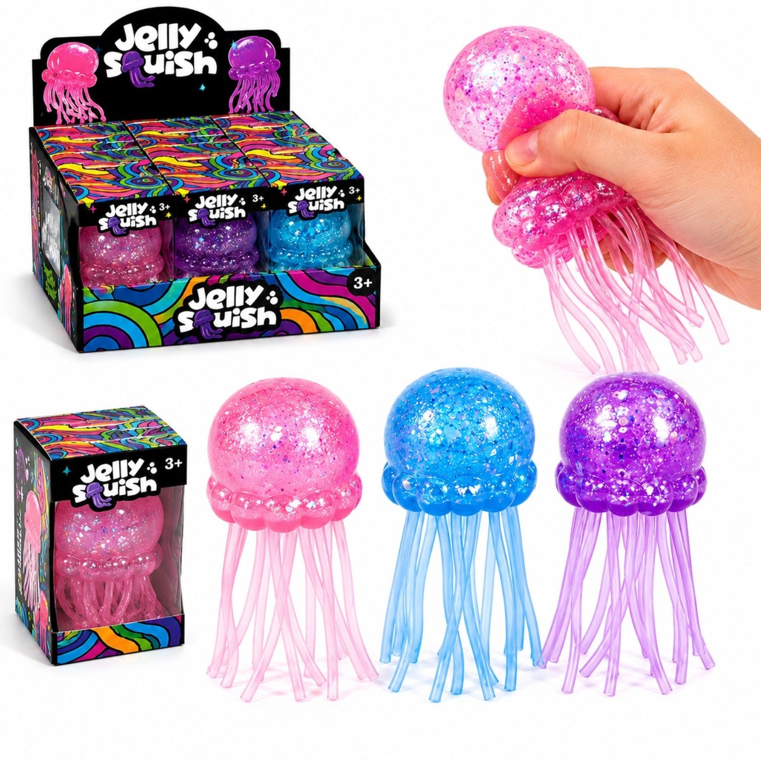 Jucărie Squishy Meduză 12/set, Antistres 9cm, cu Sclipici Transparenta, Super Moale și Elastică, Diferite Culori Engros
