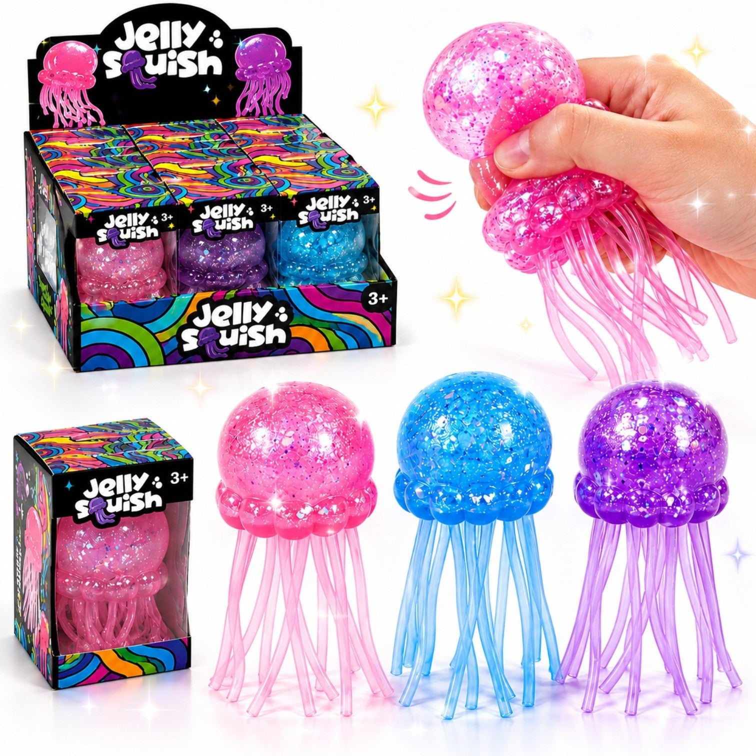 Jucărie Squishy Meduză 12/set, Antistres 9cm, cu Sclipici Transparenta, Super Moale și Elastică, Diferite Culori Engros