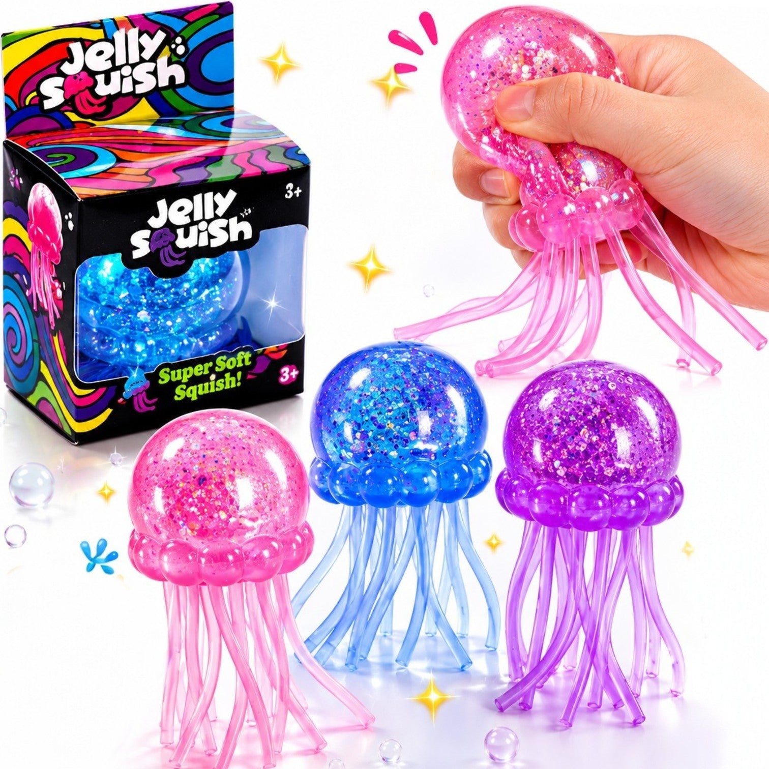 Jucărie Squishy Meduză 9cm, Antistres cu Sclipici Transparenta, Super Moale și Elastică, Diferite Culori Engros