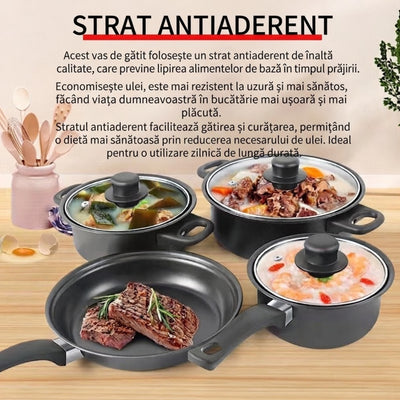 Vase de Gătit 13 Piese, 3 Oale și Tigaie 14–22cm, Antiaderente, 3 Capace din Sticlă Termorezistentă, 6 Ustensile 26cm din Nylon Engros